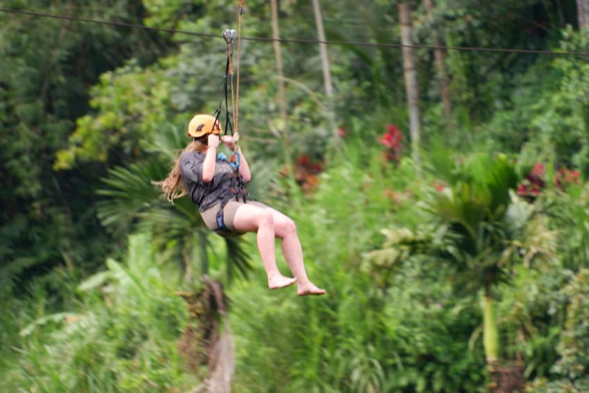 A person zip-lining through a lush, green forest. 4