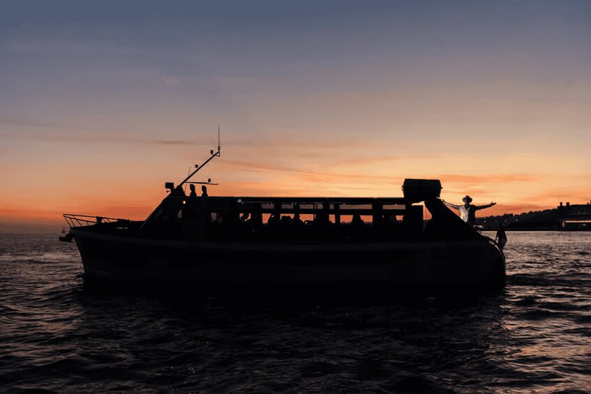 A boat at sunset with a person standing on the deck. 4