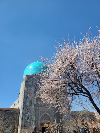 A mosque with a blue dome and intricate tile work. 5
