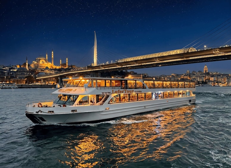 A river cruise boat with 'www.LuferTour.com' on its side, passing under a bridge with a city skyline in the background. 1