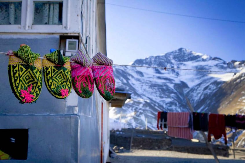 Colorful knitted items hanging on a line, with a mountainous backdrop. 5