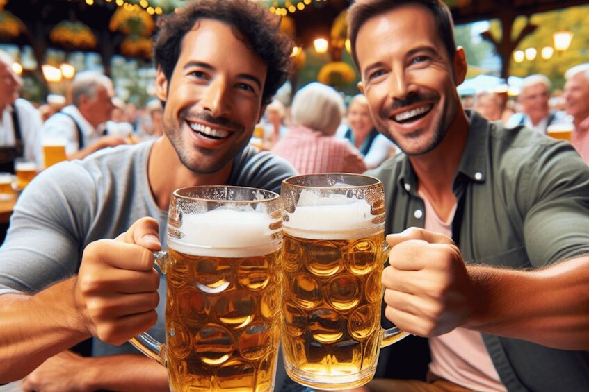 Two people holding large beer mugs at a social gathering. 2