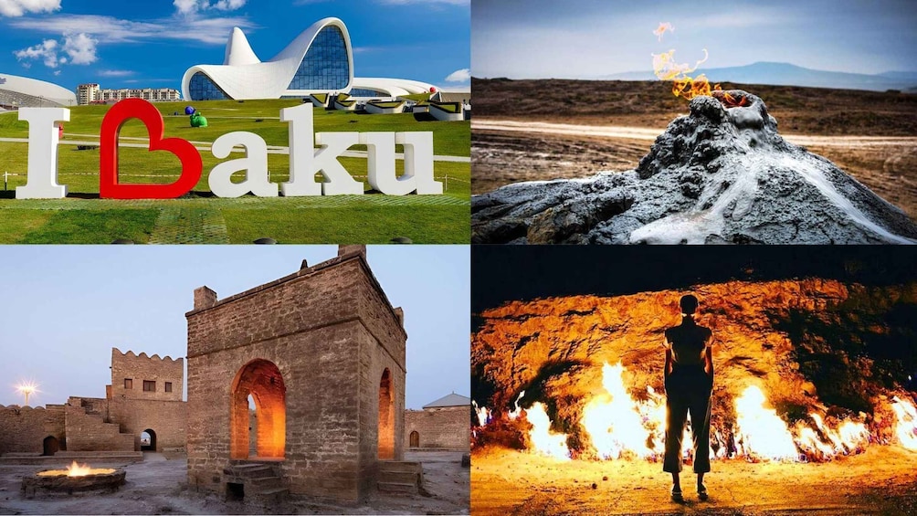 A modern building, a volcanic landscape, an ancient fortress, and a cave with fire. 1
