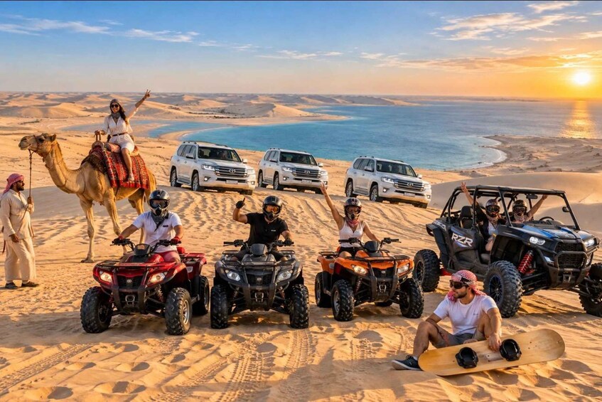 A group of people on a desert adventure with camels, ATVs, and SUVs. 1
