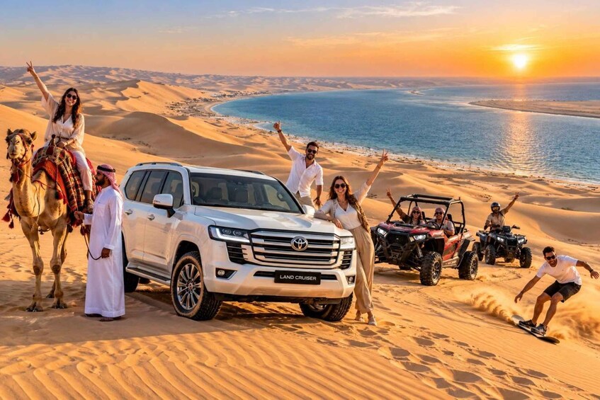 A desert landscape with sand dunes, a white SUV, camels, and off-road vehicles. 1