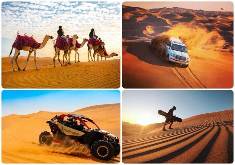 A desert landscape with camels, a dune buggy, and a person walking in the sand. 5