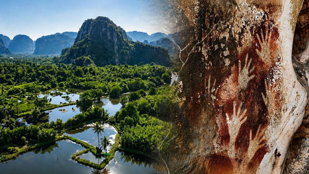 A lush landscape with a mountain, dense greenery, and a river. 1