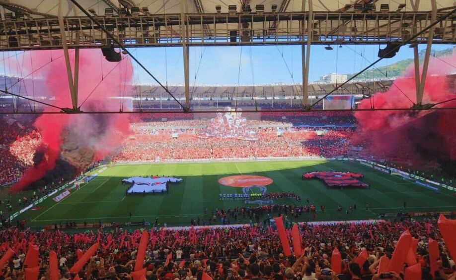 A stadium filled with spectators, a football field, and smoke effects. 3