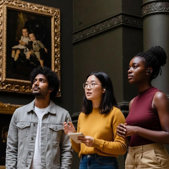 Three people standing in a room with a large framed painting on the wall. 1