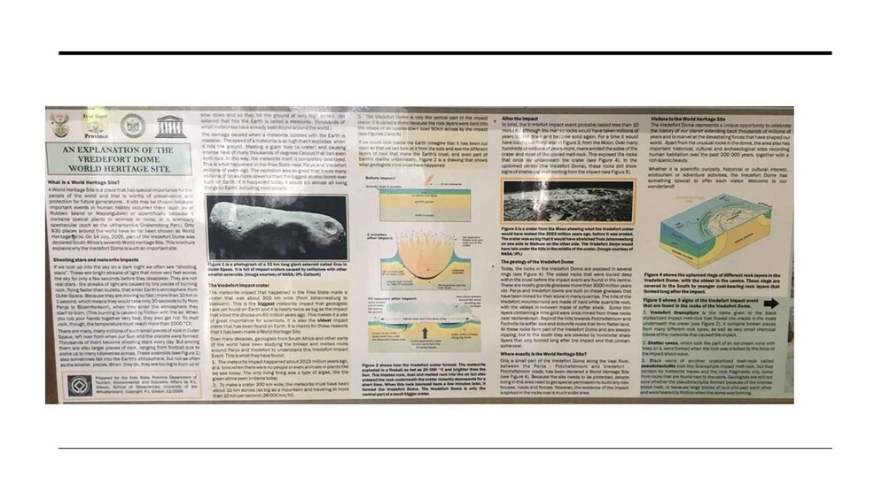 A detailed informational poster about the Vredefort Dome, a World Heritage Site. It includes diagrams of the impact crater, a photograph of the dome, and text explaining its significance. 5