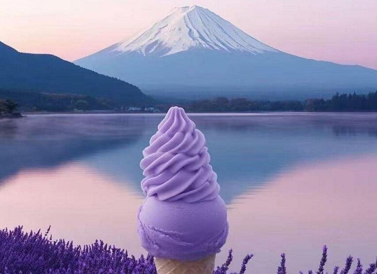 A purple ice cream cone in front of Mount Fuji. 5