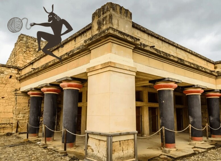 An ancient building with columns and a stone structure in the background. 4