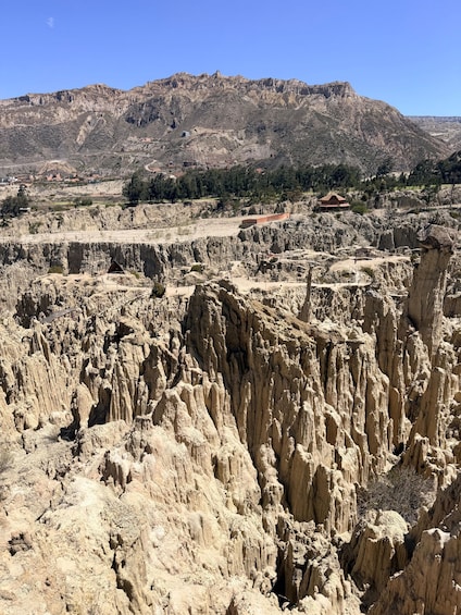 A rugged landscape with rocky formations and a distant mountain range. 4