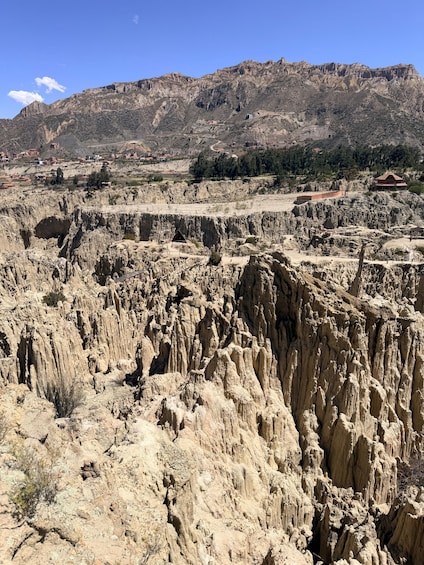 A rugged canyon landscape with rocky formations and sparse vegetation. 2