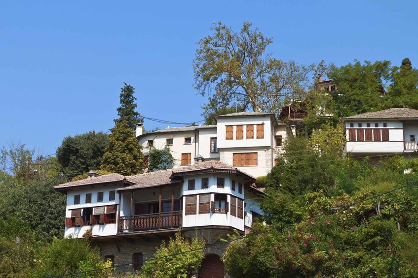 A hillside with traditional multi-story buildings, wooden balconies, and lush greenery. 2