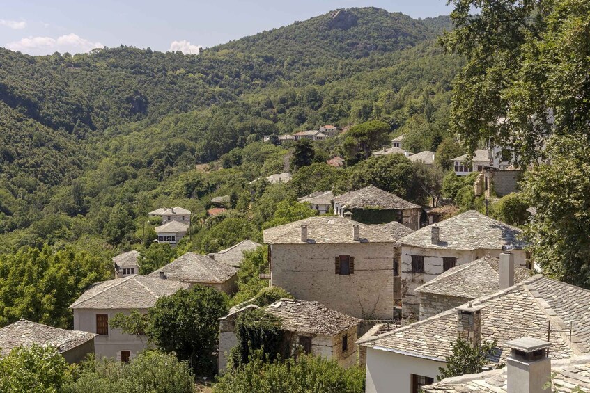A hillside village with traditional stone houses surrounded by lush greenery. 3