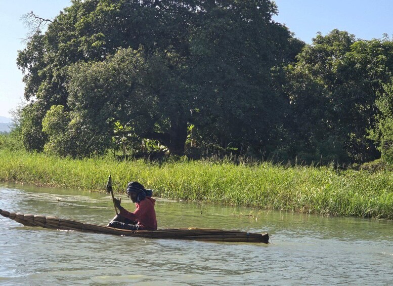 A person paddling a long wooden boat through a calm river, surrounded by lush greenery and tall trees. 5