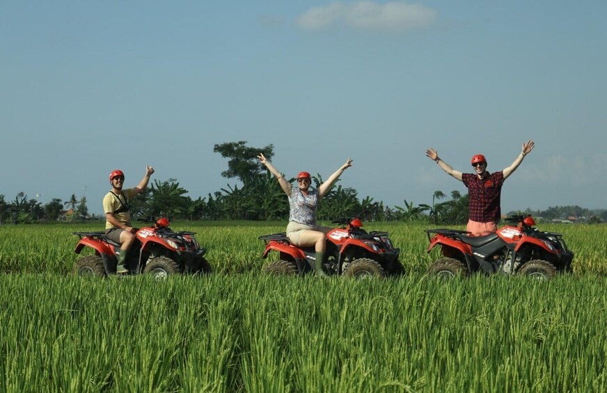 Three people on ATVs in a green field with trees in the background. 2