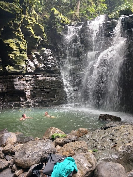 A waterfall cascading into a pool surrounded by rocks and greenery. 4
