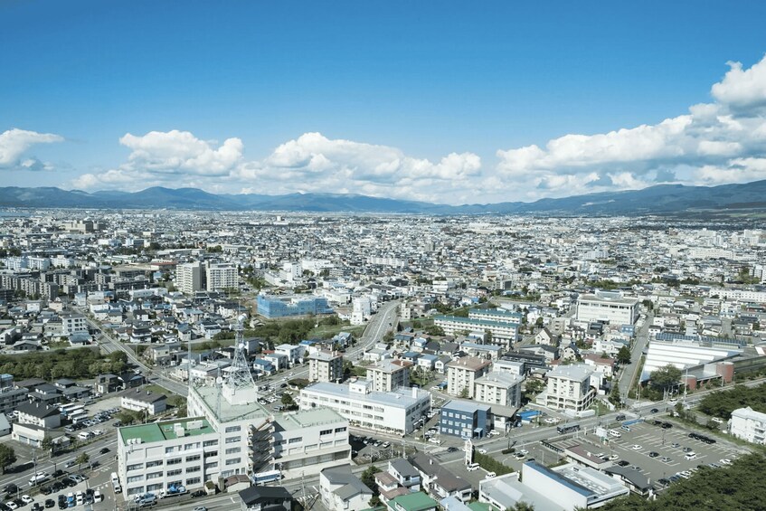 A cityscape with a dense urban area, a prominent building with a green roof, and distant mountains under a clear sky. 3