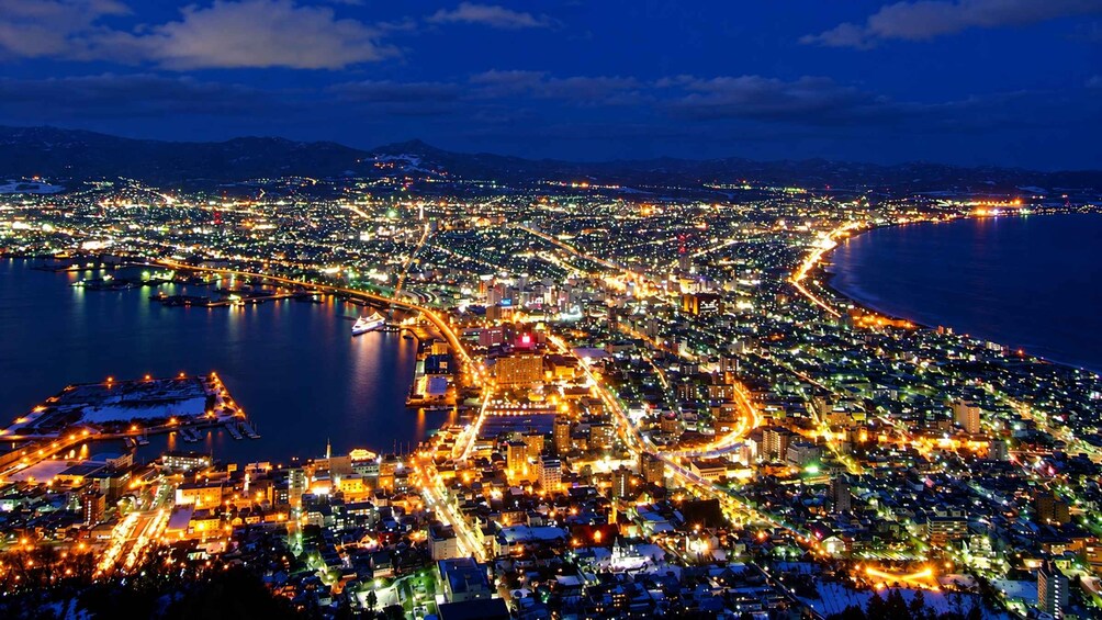 A coastal city at night with illuminated streets and buildings, a bridge, and a bay. 1