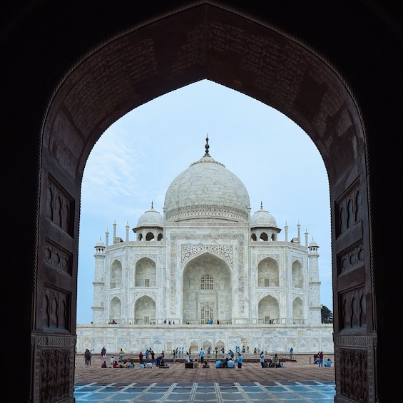 The Taj Mahal with an archway framing it. 2