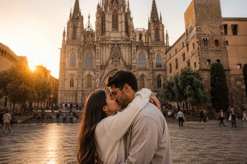 A couple embracing in front of a historic cathedral with intricate architecture. 1