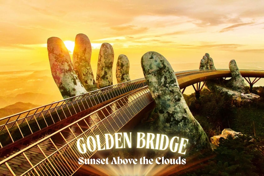 A bridge with a unique hand-like structure on one side, set against a sunset sky. 1