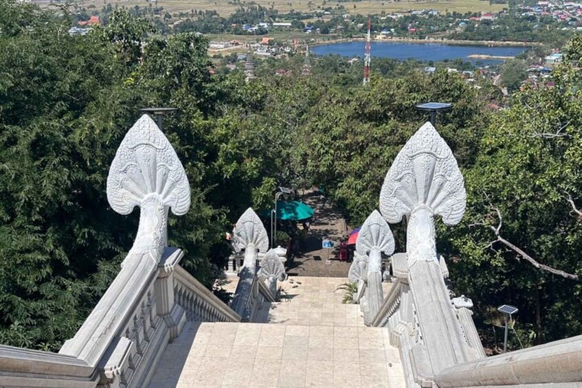A staircase with ornate balustrades leading to a higher level, surrounded by lush greenery and a distant view of a lake and town. 2