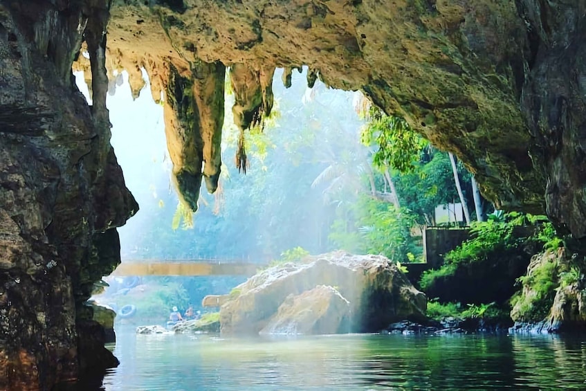 A cave entrance with water flowing into a pool, surrounded by greenery and a bridge. 1