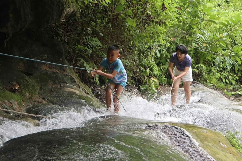 Two people playing in a stream surrounded by lush greenery. 1