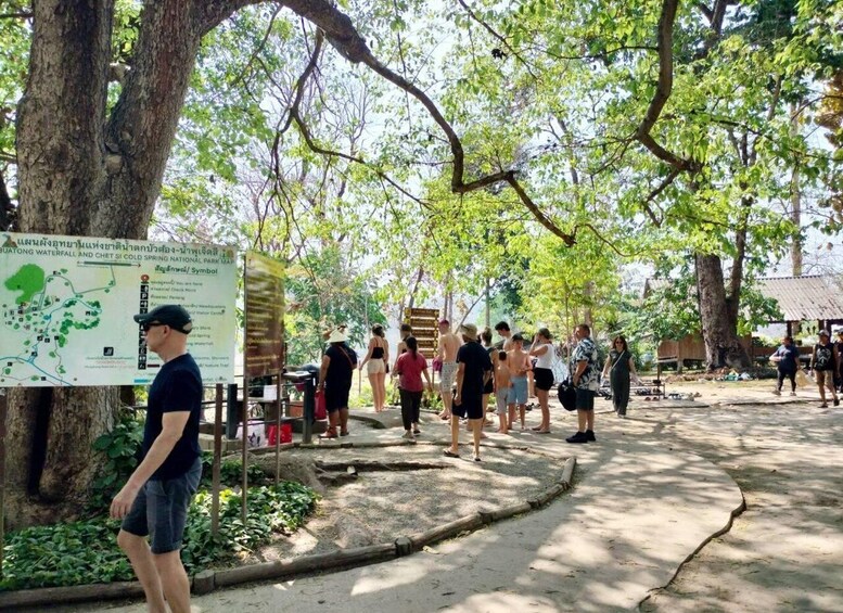 A group of people walking along a path in a park with trees and a signboard. 2
