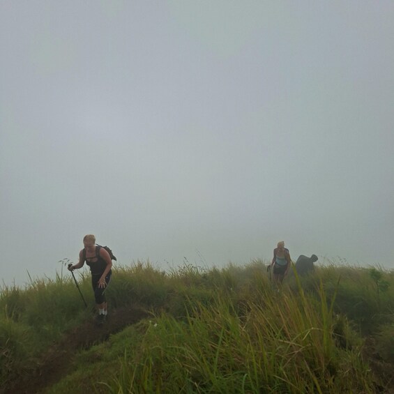 Two hikers on a grassy hill with foggy conditions. 4