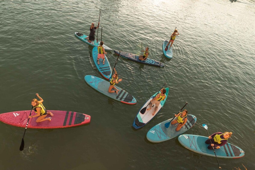 People paddleboarding on a calm body of water. 5