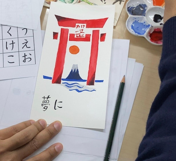 A hand holding a drawing of a Japanese torii gate with Mount Fuji in the background. 1