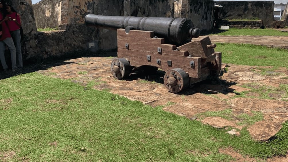 A wooden cannon on a grassy field with a stone wall in the background. 4