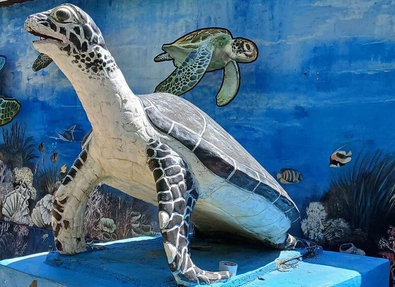A sea turtle sculpture with a blue background. 3