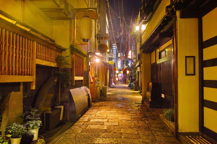 A narrow alleyway with traditional buildings, wooden railings, and potted plants. 4