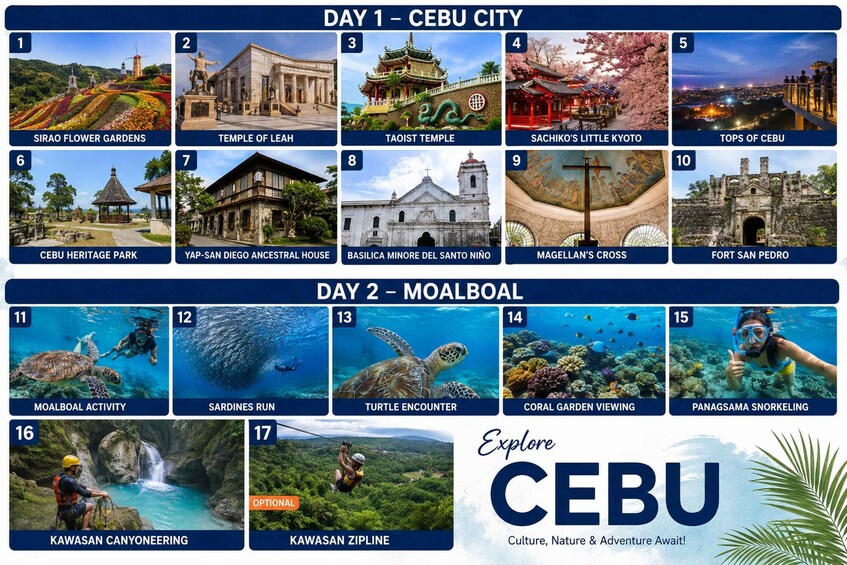 A travel itinerary for Cebu City and Moalboal with various activities. 4