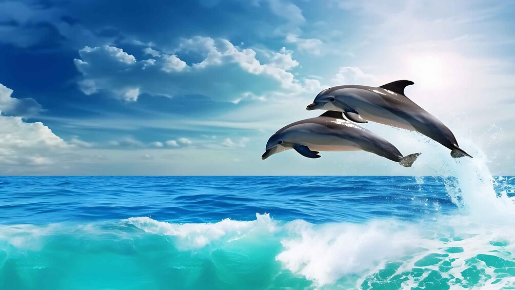 Two dolphins jumping out of the ocean. 4