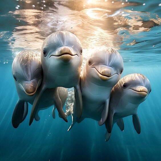 Three dolphins swimming underwater with sunlight filtering through the water. 1