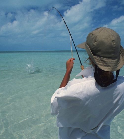 A person fishing in clear turquoise water with a calm sea and a clear sky. 3