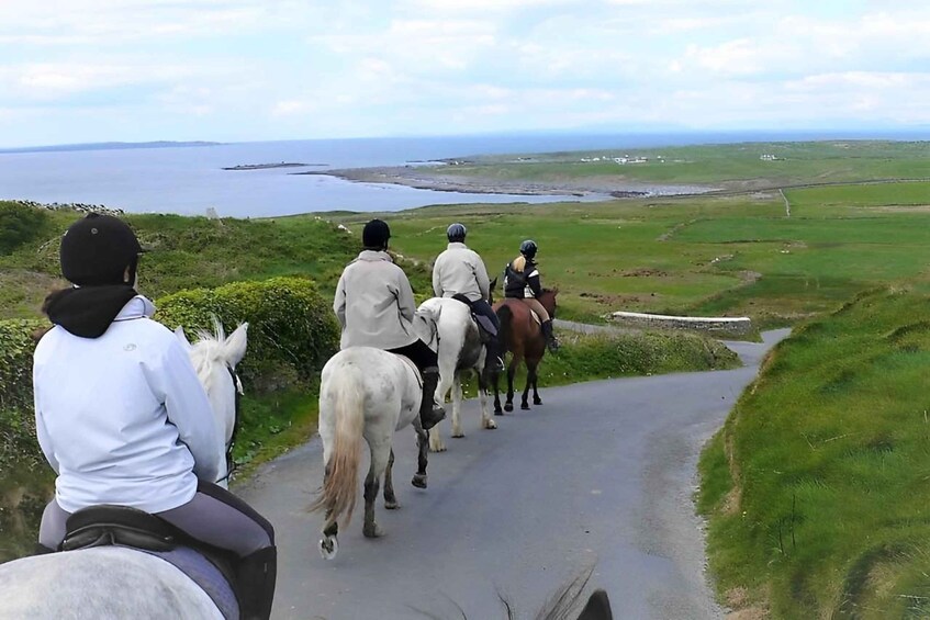 A group of people riding horses along a narrow road with a scenic view of a body of water and green landscape. 5