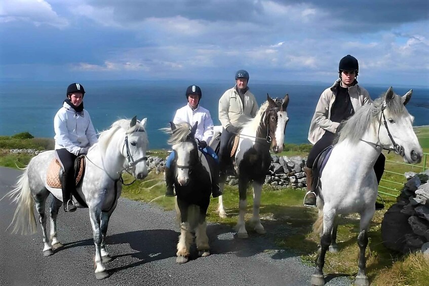 Four people on horseback on a road with a scenic view of the ocean. 3