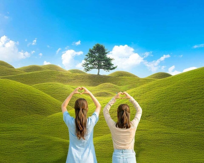 Two people making a heart shape with their hands against a backdrop of green hills and a lone tree under a blue sky. 1