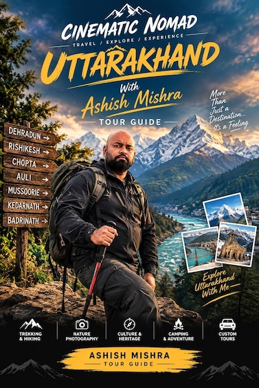 A man with a backpack and a walking stick, standing in front of a mountain landscape with a river and a town. 1