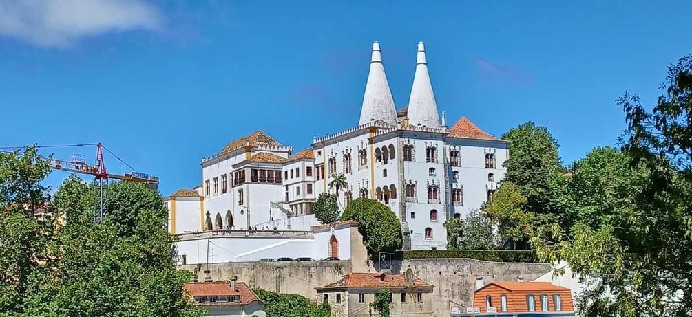 A historic building with two prominent towers, surrounded by lush greenery and other buildings. 3