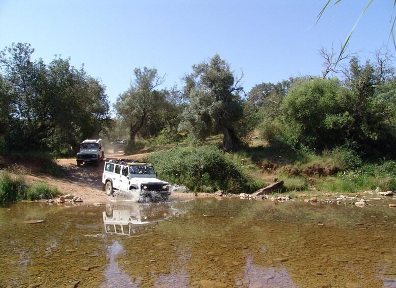 A white off-road vehicle crossing a shallow river, surrounded by trees and vegetation. 5