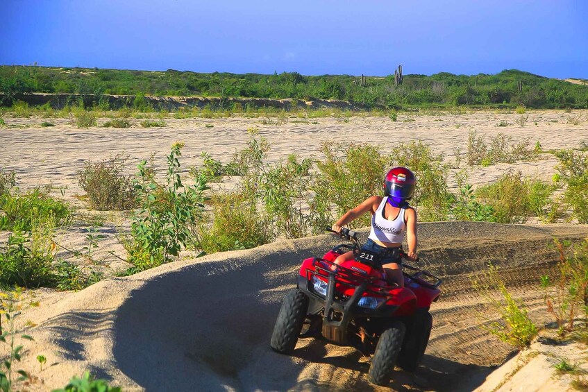 A person riding a red ATV on a sandy path surrounded by greenery. 2