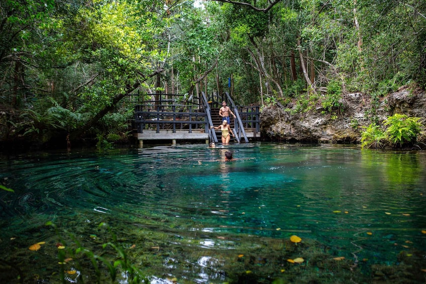 A man and woman in a forested area with a wooden bridge over a clear water body. 1